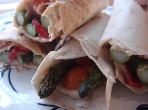 Ready to roll: Hummus, Roasted Asparagus and Tomato Wraps!