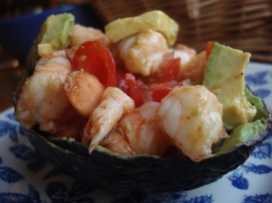 Shrimp and Avocado Salad, Spiked with Chipotle (charming served in an avocado shell)