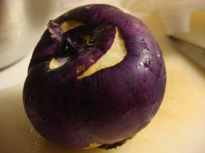 Purple kohlrabi -- this is the root. They also come in green. The leaves are edible, but I didn't have those.