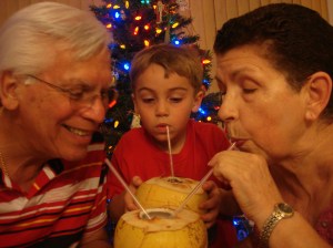 Agua de coco (foreground with gin; background, virgin)