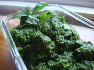 This pesto holds its bright green-ness much better than basil pesto!
