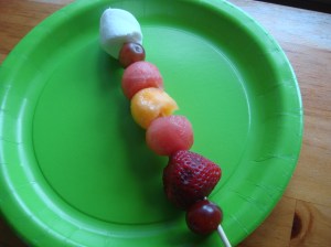 Fruit kebab with marshmallow left over from s'mores on our latest camping trip