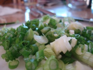 I use most of the green onion when cooking. We used the leftover green bits and a bit of garlic to make onion-y cream cheese